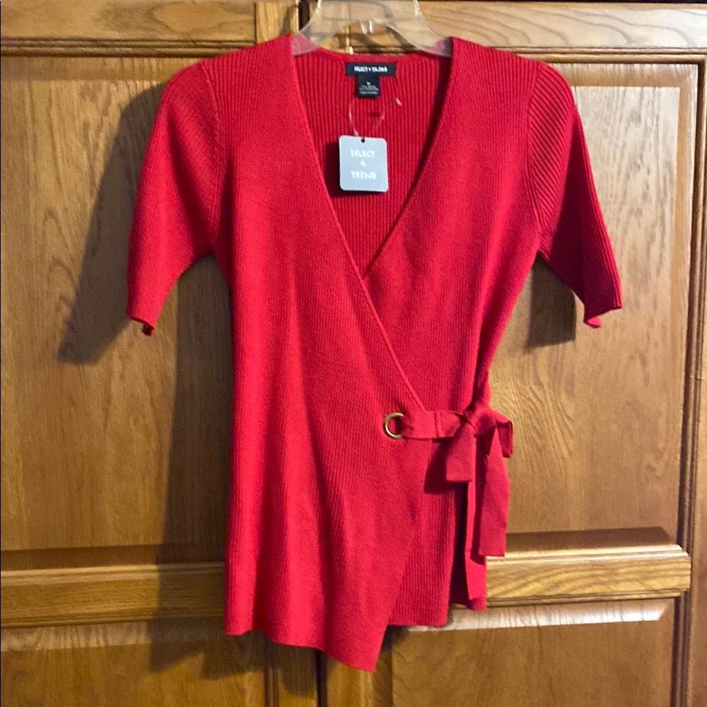 Select + Trend Red V-Neck Sweater with Wrap Style. NWT.